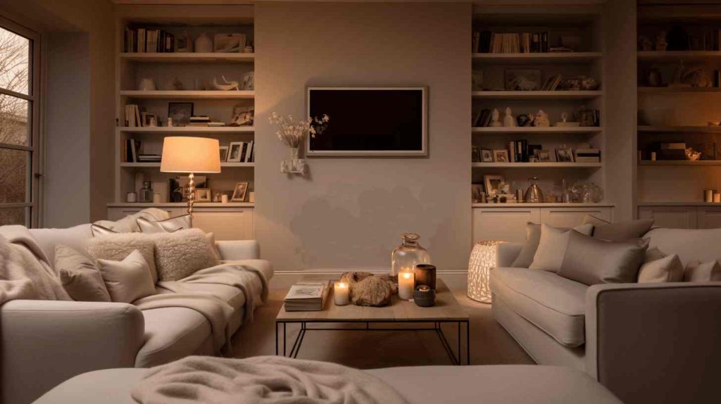 A warmly lit modern lounge in the UK, highlighting the comfort brought by upgrading old storage heaters and asking, 'Is it worth upgrading old storage heaters?