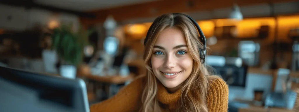 Woman from reception team wearing headphones, smiling at the camera.