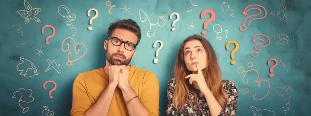 Man and woman pondering over questions with illustrated question marks in the background.