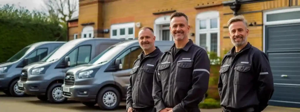 Three engineers in uniform smiling in front of their service vans.